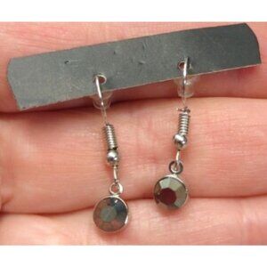 New Silver Tone Dangle Drop Earrings Round Faceted Grey Rhinestones Stones Lt Wt